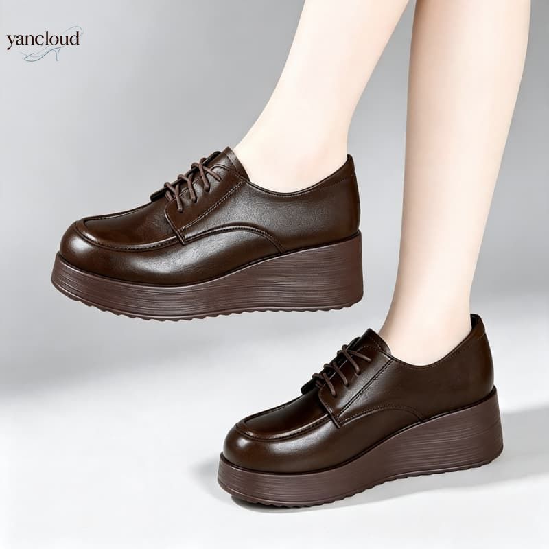 Oxford Lace Up Women - Sepatu Platform Kulit Lembut 6cm Nyaman